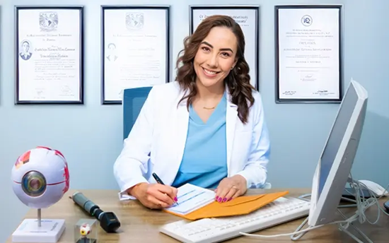 Dra Ximena Mira sonriendo en su consultorio frente a diplomas profesionales